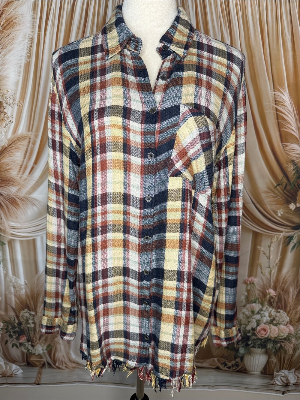 Angie Plaid Button-Down Shirt in Yellow, Navy & Brown